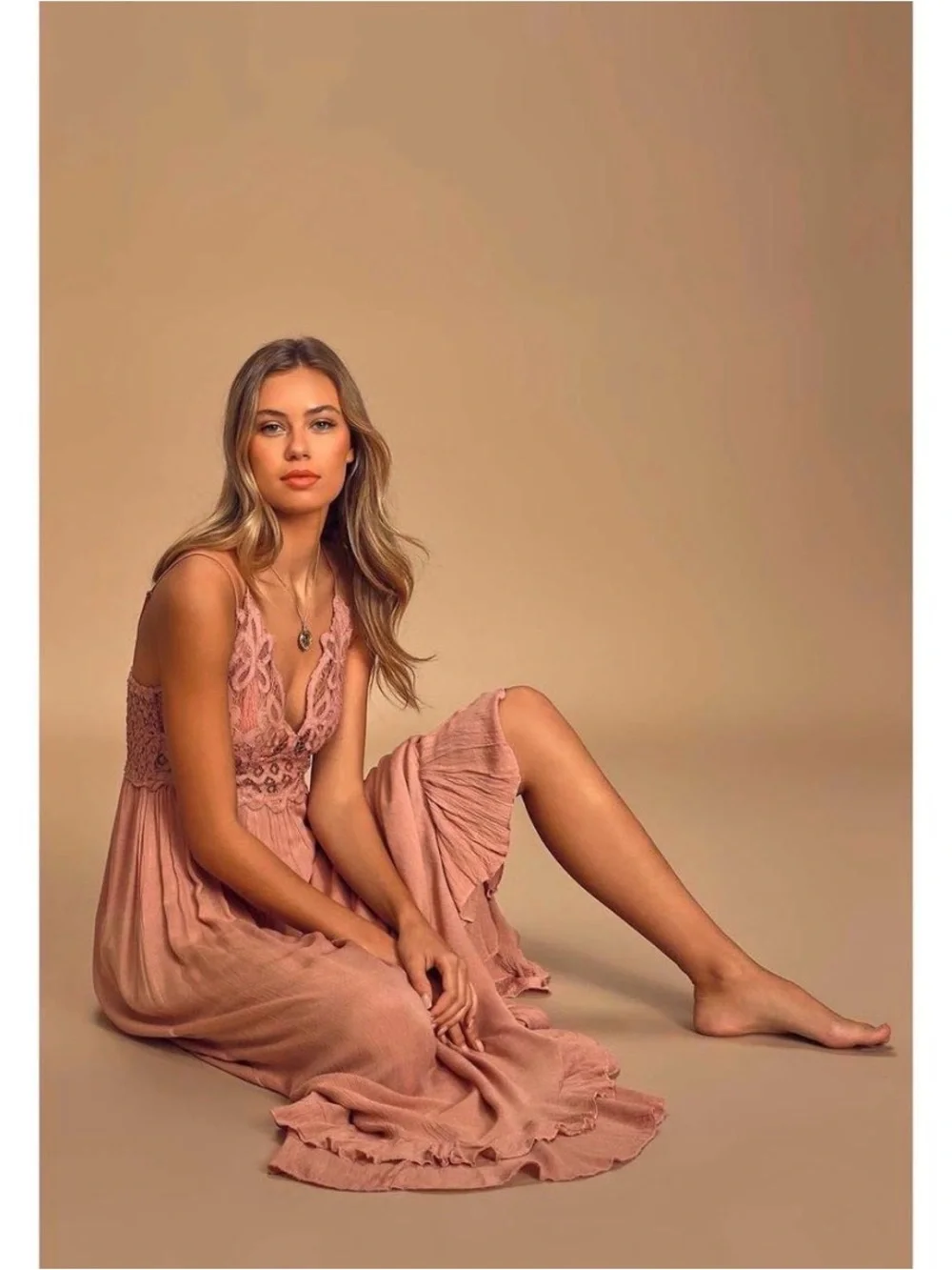 Free People Adella Maxi Slip Dress in a dusty rose color, featuring a crocheted